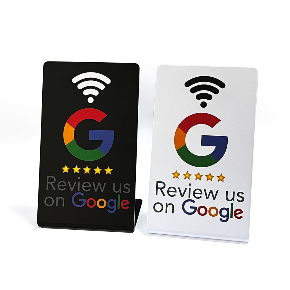 Veloxly Google Review Stand in black and white